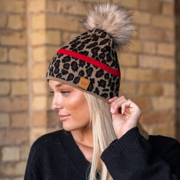 leopard print pom pom beanie